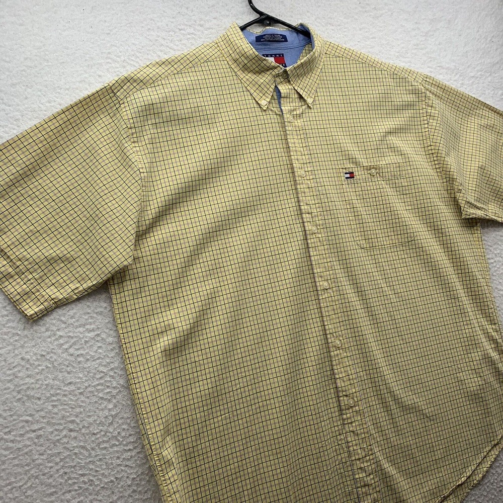 Tommy Hilfiger Button Up Shirt Mens XL X-Large Loose Fit Yellow Check Y2K Preppy - Picture 3 of 14